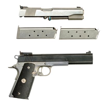 Pistole, Colt, Mod.: Government MK IV/Series'80 gold Cup National Match, Kal.: .45 ACP mit Wechsellauf und Schlitten Peters Stahl PSW VI Kal. .22 l. r., - Jagd-, Sport- und Sammlerwaffen