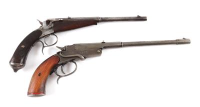 Konvolut aus zwei Flobertpistolen, einschüssige Flobertpistole mit Hahn, Kal.: 5 mm Flobert, - Jagd-, Sport- und Sammlerwaffen