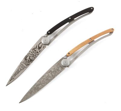 Konvolut aus 2 eleganten deejo Taschenmessern, - Jagd-, Sport- und Sammlerwaffen