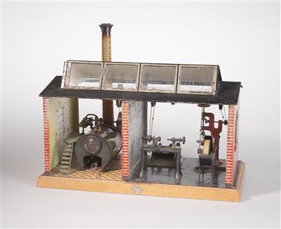 Frühe Bing Dampfmaschine in Werkshalle mit 4 Antriebsmodellen, um 1910, - Giocattoli