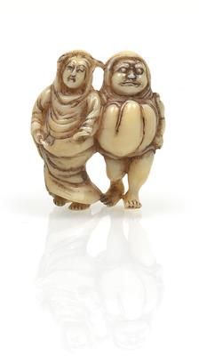 A stag antler netsuke of Daruma and a woman - Asian art