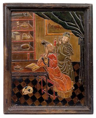 Seltenes Lackrelief im Stil niederländischer Genreszenen des 17. Jh., ein chinesisches Paar zeigend - Asiatische Kunst