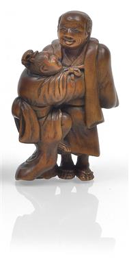 A boxwood netsuke of a samurai and a prostitute - Asian art