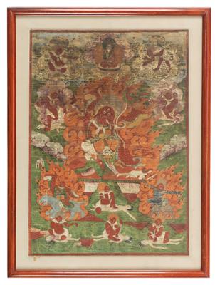 Thangka des Schutzgottes Begtse mit Gefolge, Mongolei, 19. Jh. - Starožitnosti