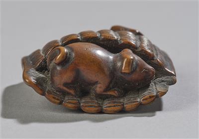 A Netsuke of Two Puppies in a Straw Mat, Japan, Edo Period, Mid-19th Century, - Asian Art