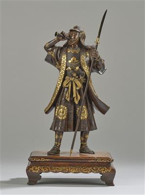 A Samurai Blowing a Horn, Signed Miayo Ei, - Arte Asiatica