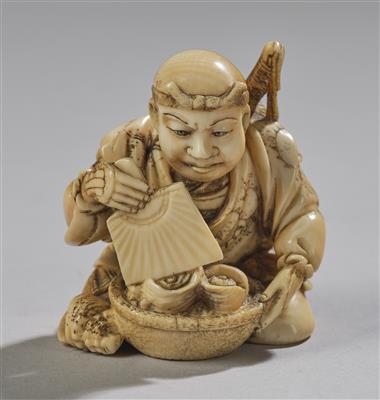 Netsuke eines knienden Mannes mit Korb, Japan, Meiji Zeit, 19. Jh., - Asijské umění