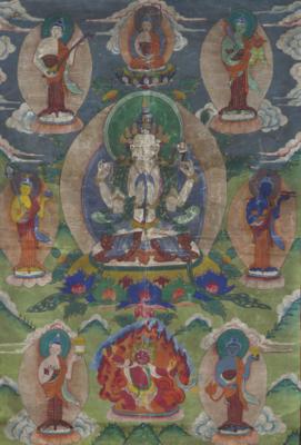 Thangka des Chaturbhuja Avalokiteshvara umgeben von sechs Buddhas, Tibet um 1900-1960, - Asijské umění
