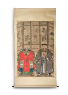 China, Hängerolle, Ahnenportrait eines Paares, Qing Periode, - Asian Art