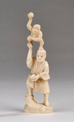 Okimono eines Akrobaten mit Affen, Japan, 1. Viertel 20. Jh., - Asijské umění