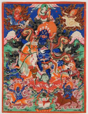 Thangka des auf einem Pferd reitenden Mahakala, Tibet, 19./20. Jh., - Asiatische Kunst