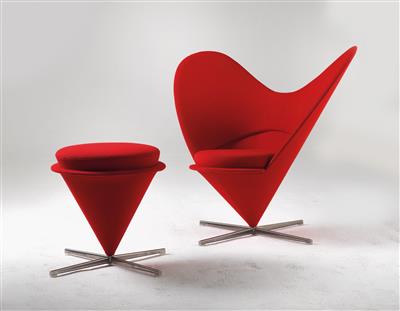 Paar Heart Chairs ("Herztüte") Mod. K3 und ein Hocker, Entwurf Verner Panton, - Design