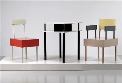 "Offene Möbel"-Gruppe aus Stuhl, Armstuhl und Tisch, Entwurf PRINZGAU/ podgorschek*, - Design