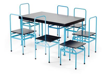 Essgruppe: Satz von sechs Stühlen, Hocker und Tisch, Entwurf J. J. P. Oud, - Design