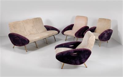 A suite of furniture: a three-seater sofa and three armchairs, Maurice Mourra, - Design