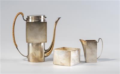 A coffee pot with sugar bowl and creamer, manufactured by Hans Hansen, - Design