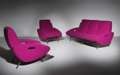 A rare lounge suite: a three-seater sofa and two chairs, designed by Maurice Mourra Freres, - Design