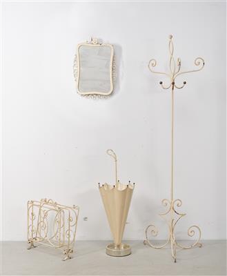 A Small Furniture Ensemble: a Coat-Stand, an Umbrella Stand, a Newspaper Rack and a Wall Mirror, 1963, from the Friseursalon Bundy&Bundy, Vienna 1010, - Design