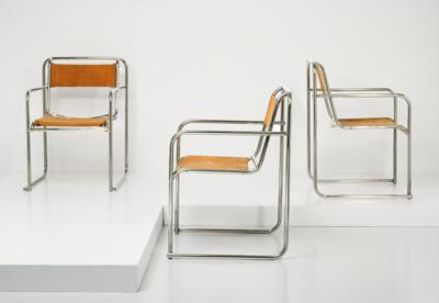 Satz von drei seltenen, stapelbaren Armlehnstühlen, Entwurf Bruno Pollak - Design