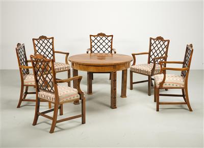 Sitzgruppe: Satz von sechs Armlehnstühlen und ausziehbarem Tisch, Entwurf und Ausführung Fa. Portois  &  Fix, - Design