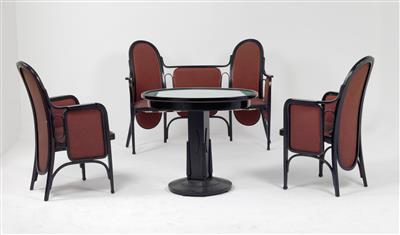 Set aus Sitzbank, zwei Armstühlen und einem ovalen Tisch, Thonet Mundus - Mobili e tappeti