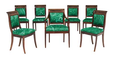 Satz von sechs klassizistischen Sesseln und einem Armsessel, - Möbel, Design und Teppiche