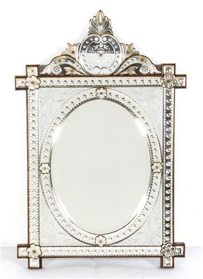 Kl. Wandspiegel bzw. Stellspiegel mit Stütze in venezianischer Art, - Möbel