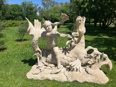 Große Garten- bzw. Brunnenskulptur,"Knabe mit Muschelhorn auf springenden Seepferd", - Mobili da giardino e decorazioni