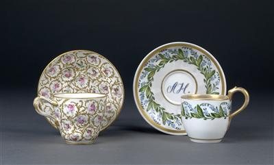 2 different floral cups with saucers, - Property from Aristocratic Estates and Important Provenance