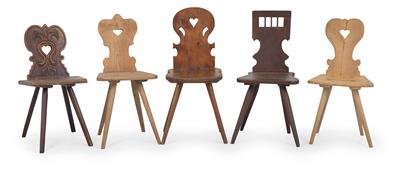 Five different rustic chairs, - Rustikální nábytek