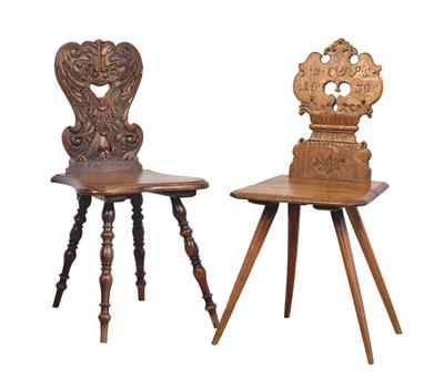 Two different carved chairs from the 19th century, - Mobili rustici