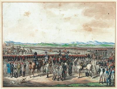 A pair of hand-coloured outline etchings of military scenes - Selected by Hohenlohe