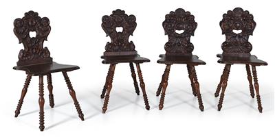 Two pairs of carved wooden chairs, - Furniture and Decorative Art