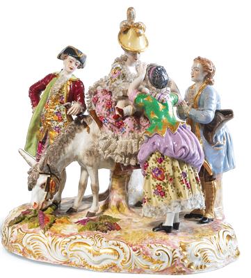 A figural group: a lady with a child on a donkey, accompanied by two gentlemen and a woman stroking the child - Di provenienza aristocratica