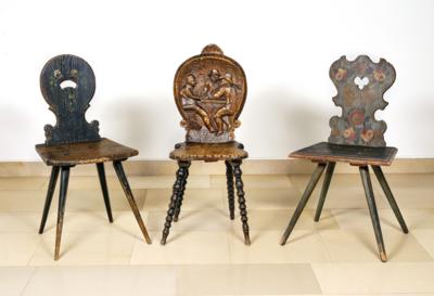 A Mixed Lot with 3 Slightly Different Rustic Plank Chairs, - Lidový nábytek
