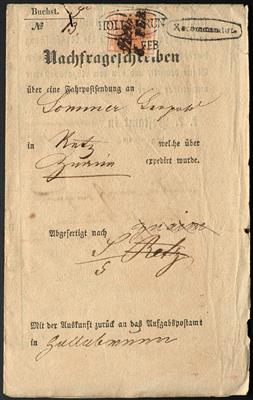 Poststück - Österr. Nr. 3 H vollrandig auf Nachfrageschreiben mit Stempeln HOLLABRUN und Retz aus 1853, - Briefmarken