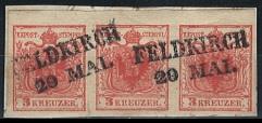 Ö Ausgabe 1850 Briefstück - "FELDKIRCH/20. MAI" Zweizeiler 2x auf 3er-Streifen 3 Kreuzer karminrot Type Ia Hp, - Stamps