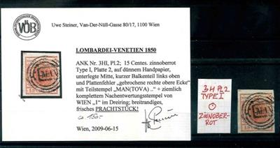 Österreich Lomb Ausg 1850 gestempelt - 15 Centes. zinnoberrot Type I Platte 2 dünnes Hp, - Známky