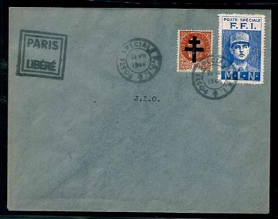 Frankreich 1944 - De Gaulle Propagandavignette der Resistance zusammen mit 1,50 Fr. Petain - Marke auf Briefumschlag, - Francobolli