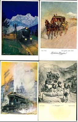 Partie Motivkarten zum Thema Eisenbahn und Postkutschen aus Europa und Übersee, - Briefmarken und Ansichtskarten