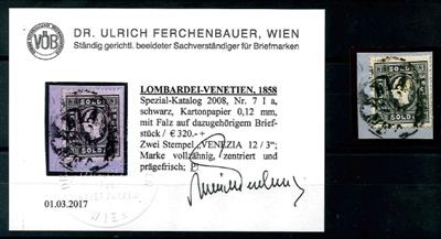 Österr Lombardei 1858 gestempelt - 3 Soldi schwarz Type Ia Kartonpapier 0,12 mm auf dazugeh. Briefstück, - Známky