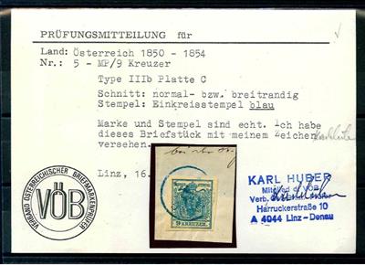 gestempelt/Briefstück - Österr. Ausg. 1850 - Nr. 5H IIIa Platte 6 mit großem Wasserzeichenteil, - Briefmarken und Ansichtskarten