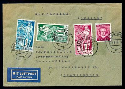 Poststück - Franz. Zone - Baden Nr. 50/52 + Nr. 48 auf portogerechtem Flugpostbrief nach Südafrika vom 1. Verwendungstag, - Briefmarken und Ansichtskarten