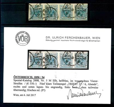 .Û - Österr. Nr. 5MIIIb - hellblau - im waagrechten Viererstreifen, - Briefmarken und Ansichtskarten