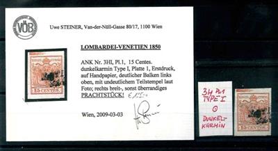 Österreich Lomb Ausg 1850 .Û - 15 Centes. dunkelkarmin Type 1/Pl.1 Hp Erstdruck mit deutlichem Balken oben, - Známky