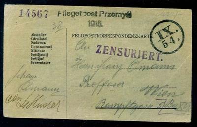Österr. 1915 Fliegerpost Przemysl - olvgrüne Fliegerkarte vom 5.3.15 nach Wien, - Briefmarken und Ansichtskarten