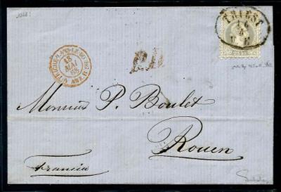 Österr. Ausg. 1867 - Nr. 40Ia auf Faltbriefhülle von Triest nach Rouen in Frankreich aus 1868, - Briefmarken und Ansichtskarten