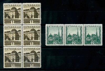 ** - 1929 Freimarken 1 Schilling braun senkr. 6erBlock und 2 Schilling grün im waagr. Dreierstreifen, - Briefmarken und Ansichtskarten