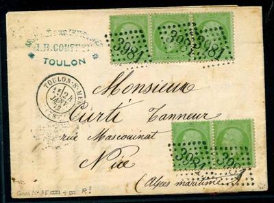 Frankreich 1872 Napoleon 5 C. grün auf bläulich waagr. Dreierstreifen und waagr. Paar auf Brief von Toulon nach Nice, - Známky