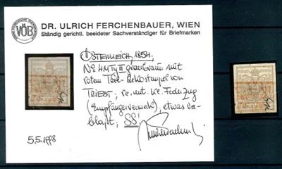 Ö. Ausgabe 1850 gestempelt - Roter Reko-Teilstempel von Triest + kl. Federzug auf 6 Kreuzer Type III Mp, - Briefmarken und Ansichtskarten